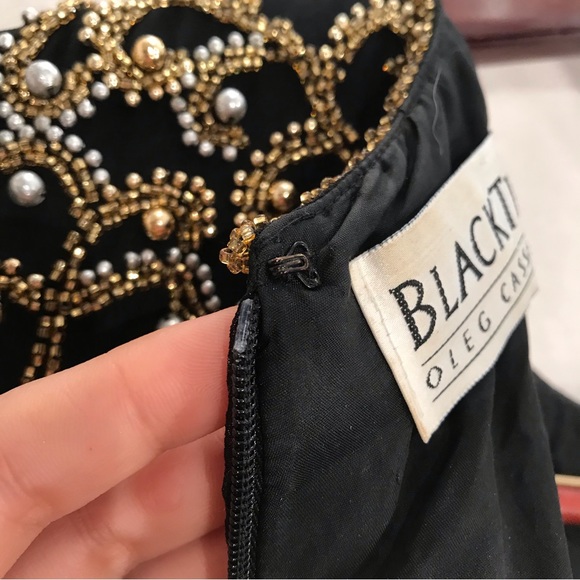 Vtg 100% silk Black Tie Oleg Cassini beaded cocktail party dress black gold - Picture 11 of 11